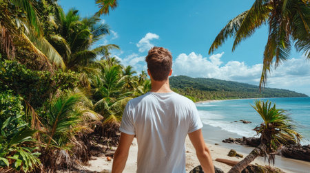 A young man walks towards a picturesque tropical beach, framed by lush palm trees and a clear blue sky, embodying adventure and tranquility.の素材