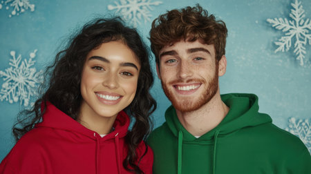 A joyful young couple smiles brightly while wearing colorful hoodies against a festive snowflake background, radiating warmth and happiness.の素材