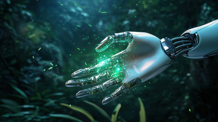A stunning depiction of a robotic hand emitting glowing energy in a vibrant green environment, blending technology with nature and innovation.の素材