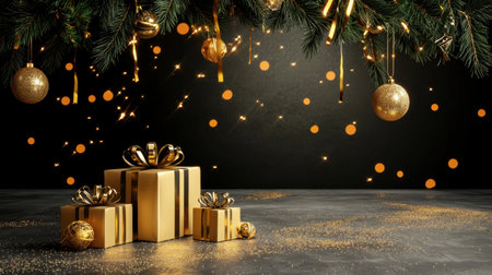 Beautifully arranged Christmas gifts with gold accents and vibrant ornaments create a festive atmosphere, perfect for holiday celebrations and seasonal decor.の素材