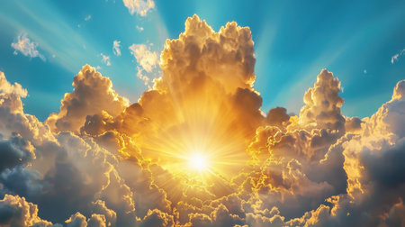 Experience the breathtaking beauty of a sunrise illuminating dramatic clouds, with radiant sun rays piercing through a pristine blue sky. Perfect for nature lovers.の素材