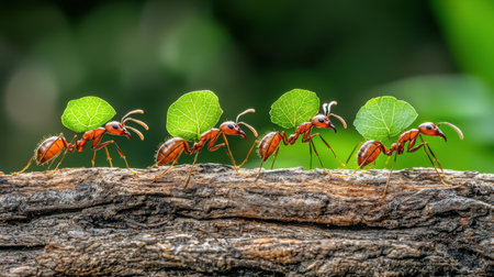 Close-up view of ants working together to carry leaf cuttings along a wooden log. This fascinating scene showcases the teamwork and beauty of nature in a vibrant forest environment.の素材