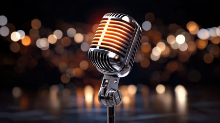 A close-up image of a vintage microphone with warm glowing lights set against a dark background. This photo captures the essence of music and performance, perfect for creative projects.の素材