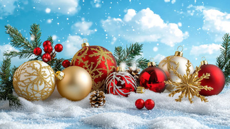 Beautiful display of Christmas ornaments in various colors resting on snow, with pine branches and red berries creating a festive winter atmosphere.の素材