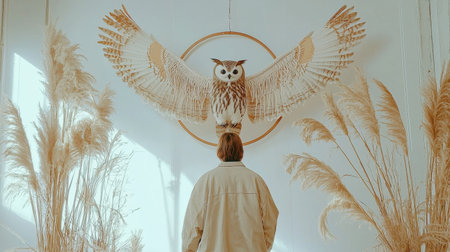 A striking display of a large owl sculpture against a minimalist background, featuring a person admiring the artwork surrounded by dried foliage.の素材