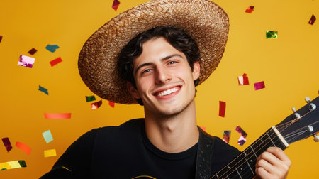 A cheerful young man with a bright smile wears a straw hat while playing his guitar, surrounded by colorful confetti on a warm yellow background, capturing the essence of joy and celebration.の素材