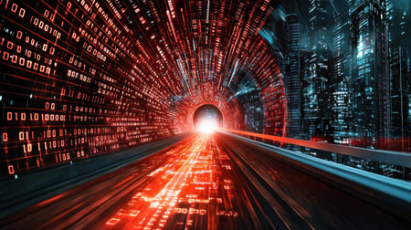 A captivating digital tunnel illuminated by striking red and blue lights, showcasing a futuristic city. The image conveys speed, technology, and innovation.の素材