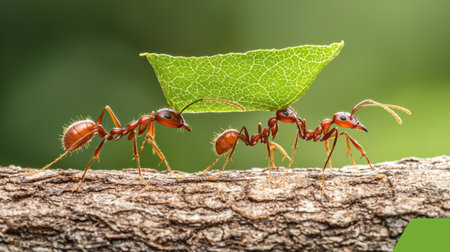 Captivating close-up of ants working together to carry a leaf on a branch. This image showcases teamwork in nature and highlights the beauty of the ecosystem.の素材