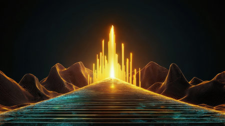 A mesmerizing futuristic landscape showcasing neon lights and geometric forms. The glowing structures rise majestically amidst the abstract mountains, creating a vibrant, imaginative scene.の素材