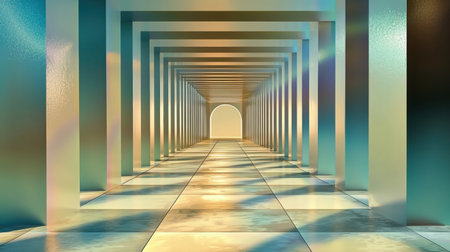 This serene abstract image showcases a captivating passageway lined with columns. Soft lighting and reflections create a tranquil atmosphere, inviting contemplation.の素材