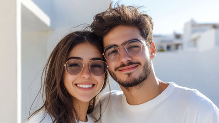 A cheerful young couple poses together outdoors, radiating joy with their smiles and sunglasses. The setting captures a carefree, sunny atmosphere.の素材