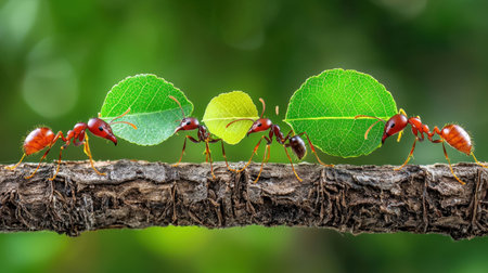 A captivating scene showcasing ants transporting leaves on a branch, demonstrating teamwork and the beauty of nature in a vibrant green environment.の素材