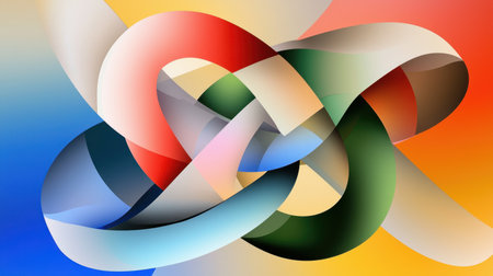 This vibrant abstract artwork features a dynamic composition of curved shapes and bold colors, creating a visually striking and harmonious design perfect for modern aesthetic needs.の素材