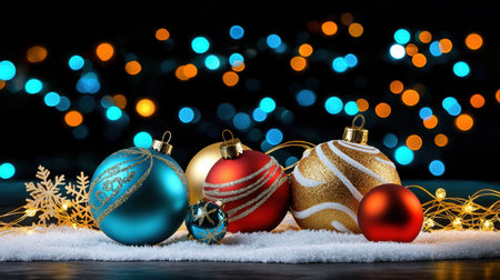 A stunning display of colorful Christmas ornaments rests on a soft white background, illuminated by warm bokeh lights. Perfect for holiday-themed projects.の素材