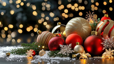A vibrant display of Christmas ornaments in red, gold, and silver, set against a soft bokeh background. Ideal for holiday-themed projects and celebrations.の素材