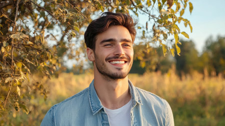 A cheerful man enjoying a sunny day outdoors, surrounded by nature and greenery. His smile radiates warmth and joy, capturing a moment of happiness.の素材