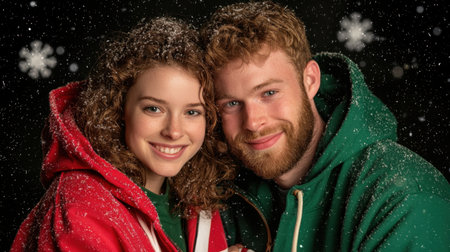 A joyful couple wearing matching cozy hoodies poses together in a snowy setting, radiating warmth and happiness amidst falling snowflakes, perfect for winter themes.の素材