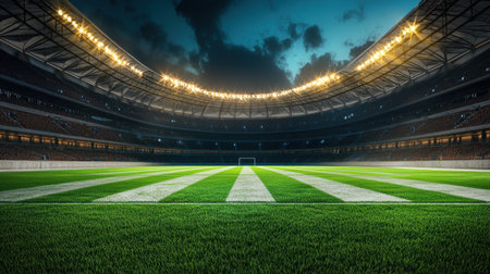 A stunning view of a modern soccer stadium at night, featuring vibrant green grass and bright overhead lights illuminating the field and seating areas.の素材