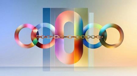 This vibrant abstract composition features colorful rings interconnected by chain links, set against a soft gradient background. The design showcases a modern aesthetic with smooth shapes and captivating textures.の素材