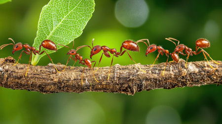 A close-up view of red ants walking along a branch with green leaves, showcasing their natural behavior and teamwork in a vibrant, green environment.の素材