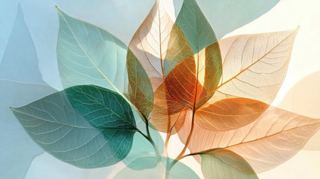 Discover an artistic blend of delicate leaves displayed in soft colors and layers. This abstract composition captures the essence of nature and tranquility.の素材