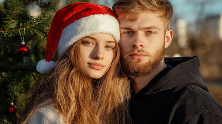 A young couple shares a tender moment in winter attire against a festive backdrop, capturing the joy and warmth of the holiday season.の素材