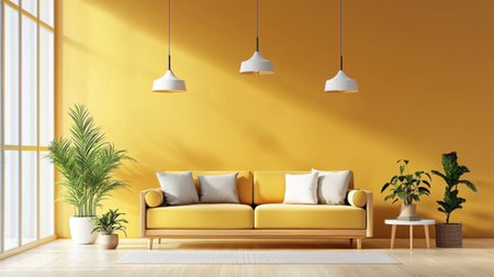 This bright living room features a cozy yellow sofa against a warm yellow wall, complemented by indoor plants and stylish pendant lights, creating a vibrant and welcoming atmosphere.の素材