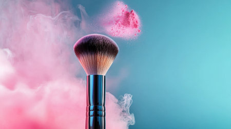 An artistic close-up of a colorful makeup brush releasing pink powder against a dreamy pastel background. Perfect for beauty and fashion themes.の素材