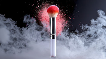 Stunning makeup brush with vibrant pink and red bristles surrounded by a colorful powder splash in a smoky background. Perfect for beauty and fashion themes.の素材