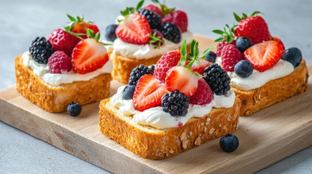 A vibrant dessert featuring creamy whipped topping on toasted slices, topped with fresh strawberries, blueberries, and blackberries, perfect for any occasion.の素材