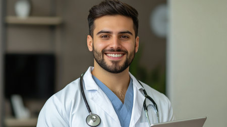A cheerful healthcare professional wearing a stethoscope and holding a tablet. This image embodies modern healthcare, showcasing a friendly and confident approach in a clinical environment.の素材