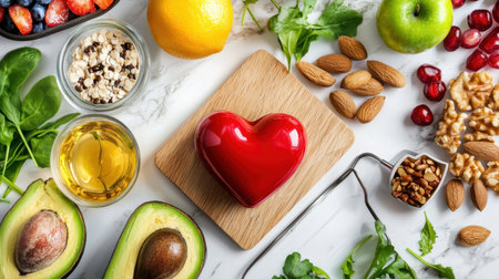 This vibrant arrangement showcases a heart-shaped object surrounded by nutritious foods. Fresh fruits, vegetables, nuts, and oil emphasize a heart-healthy lifestyle.の素材