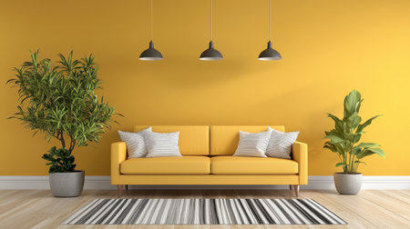 Brighten your home with a modern living room featuring a vibrant yellow sofa, stylish lighting, and lush indoor plants. A perfect blend of comfort and elegance.の素材
