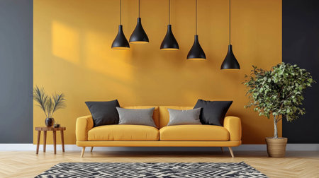 Discover a stylish living room featuring a vibrant yellow sofa, modern pendant lights, and a welcoming atmosphere. Perfect for cozy gatherings.の素材