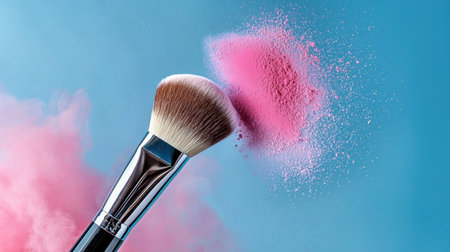 A stunning makeup brush releasing pink powder against a blue background, capturing the essence of beauty and artistry in a vibrant and aesthetic manner. Perfect for beauty-themed projects.の素材