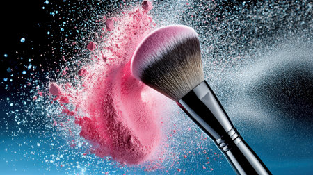 A striking image showcasing a makeup brush releasing vibrant pink powder against a dark backdrop, emphasizing beauty and artistry in cosmetics.の素材