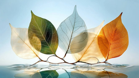 A serene composition featuring delicate transparent leaves floating on still water, showcasing intricate textures and a harmonious blend of colors. Perfect for nature-inspired themes.の素材