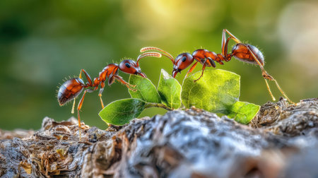 Two red ants interact closely on green leaves, showcasing their intricate behaviors in a vibrant forest setting, highlighting the beauty of nature.の素材
