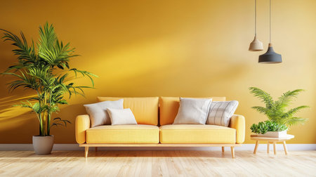 A cozy living room featuring a vibrant yellow sofa, decorative pillows, and lush green plants against a warm wall. Ideal for brightening up interiors.の素材