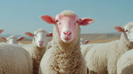 A close-up view of sheep with fluffy coats standing peacefully in a pasture. The blue sky enhances the serene atmosphere, showcasing rural life and nature.の素材