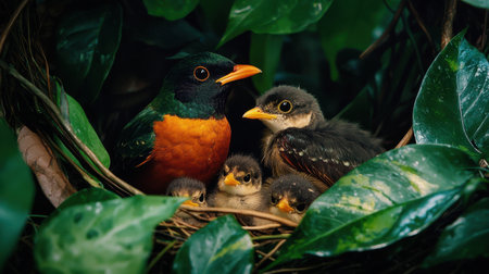 A colorful parent bird sits protectively in a nest with its fluffy chicks, surrounded by lush green leaves, capturing the essence of nurturing in nature.の素材