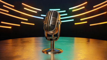 A vintage microphone stands on a reflective surface, surrounded by vibrant, colorful lights that create a dynamic background, perfect for music or podcast projects.の素材