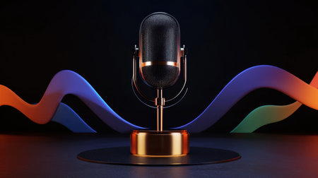 A retro microphone on a sleek stand surrounded by colorful sound waves in a dark setting, emphasizing creativity and audio technology. Perfect for music and recording themes.の素材