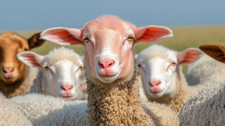 Capture the essence of rural life with this close-up image of curious sheep in a sunny pasture. The sheep display distinct facial features, evoking a sense of calm and tranquility.の素材