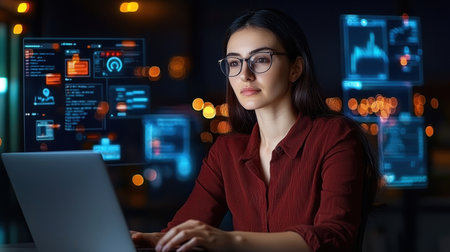 A young woman in glasses works intently on her laptop in an urban setting at night. She is surrounded by digital data interfaces that enhance her analytical capabilities.の素材