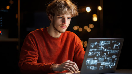 A young man sits in a dark room, deeply focused on his laptop displaying various data graphics, surrounded by ambient lighting that enhances the modern workspace atmosphere.の素材
