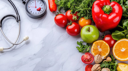 A vibrant arrangement of fresh fruits and vegetables alongside a stethoscope on a marble table, symbolizing the connection between nutrition and health for a balanced lifestyle.の素材