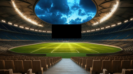 A modern soccer stadium interior showcases a vibrant green field under a dramatic dusk sky. The empty seating creates an inviting atmosphere.の素材