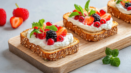 Indulge in a vibrant toast topped with creamy cheese and a variety of fresh berries. Perfect for breakfast or a delightful snack. Ideal for food enthusiasts!の素材