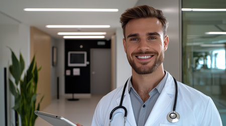 A confident and smiling male doctor holding a tablet in a contemporary clinic. The clean environment highlights a patient-centric approach to healthcare delivery.の素材